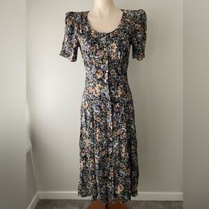 90s Vintage Floral Button Down Prairie Tea Midi Dress Boho Size XS / Small